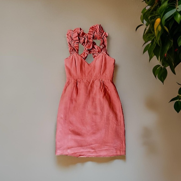 Leona by Lauren Leonard Salmon Color Ruffled Linen Dress, Size 2.  EUC! - Picture 3 of 15